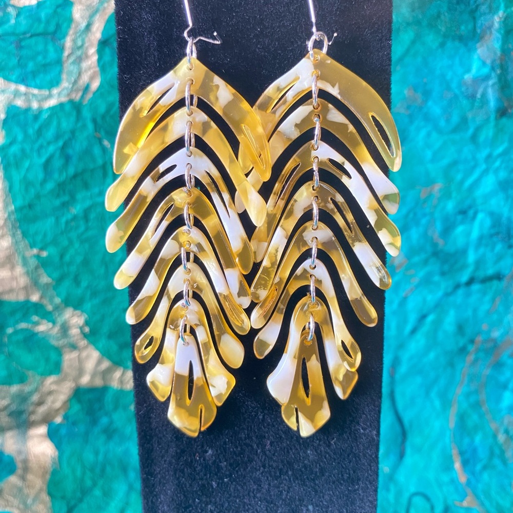 Acrylic Leaf Tassel Statement Earrings - Yellow